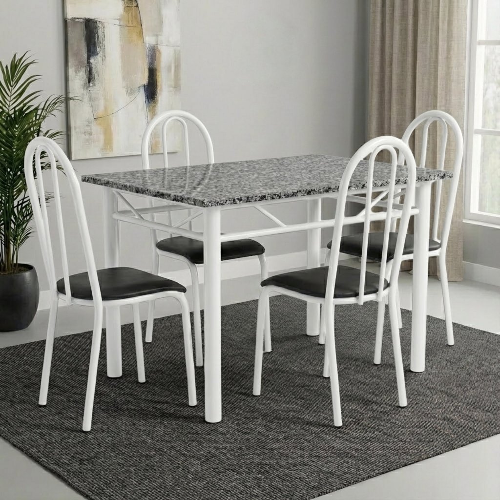 Conjunto Mesa de Jantar 4 Lugares Retangular em Aço com Tampo em Granito Monique Mescla em Oferta na Shopee