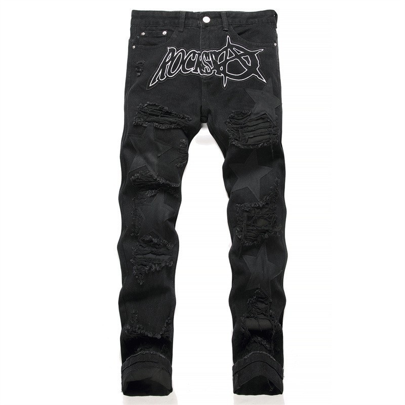 Calças Jeans Pretas Rasgadas para Homens com Decoração de Estrela, Caimento Solto, Perna Reta, Estilo Casual de Rua, Jea