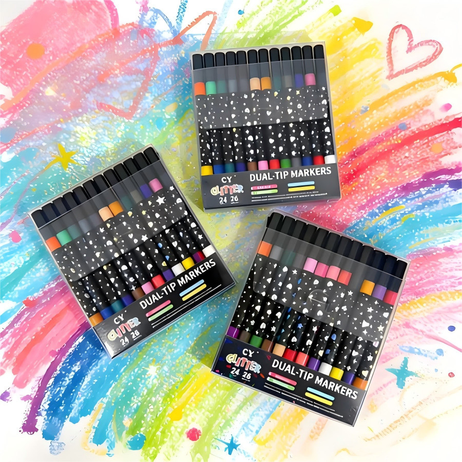 Marcador Metálico 96/72/48/36/24/12 Canetas de Glitter de Cabeça Dupla Marcador Brilhante Coloridas em Oferta na Shopee