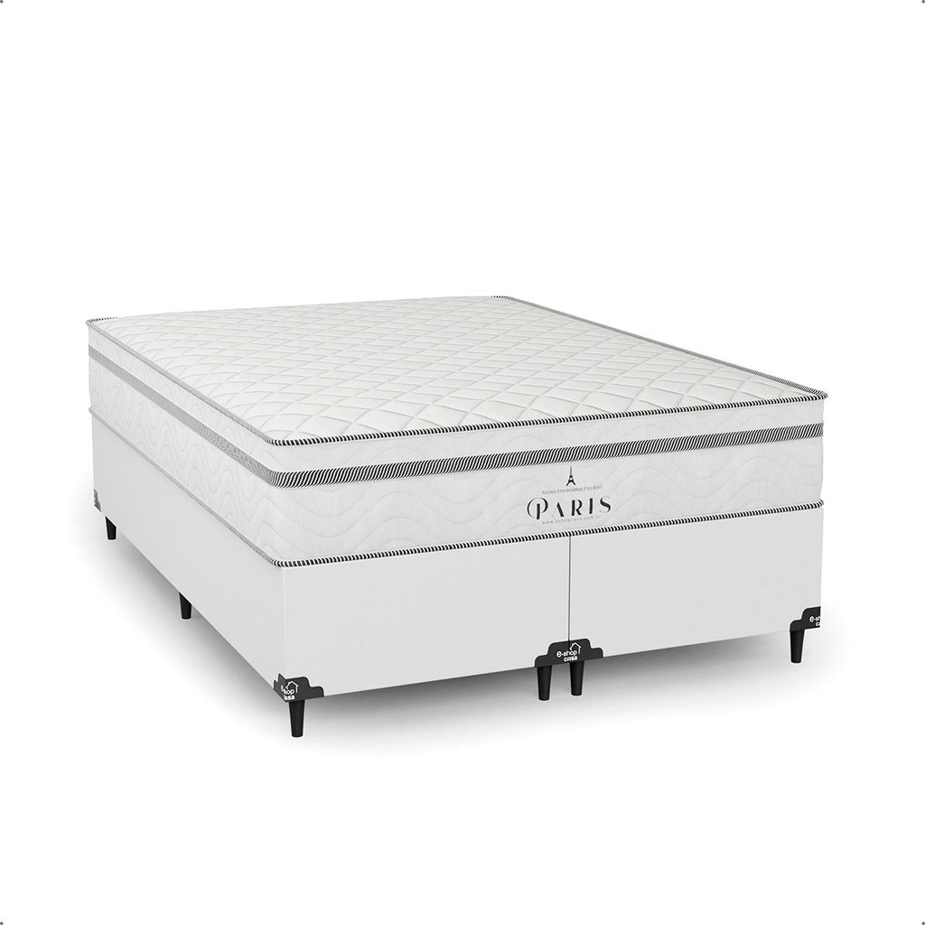 Cama Box Casal Bipartido + Colchão Paris Molas Ensacadas - Couro Branco - e-Shop Casa