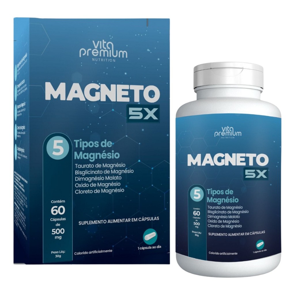 Magneto 5X Com 5 tipos de Magnésio 60caps Vita Premium