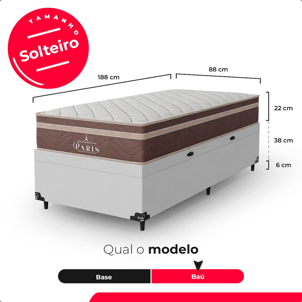 Cama Box Baú Solteiro Couro Branco + Colchão Paris Molas Ensacadas Marrom - e-Shop Casa · foto 2
