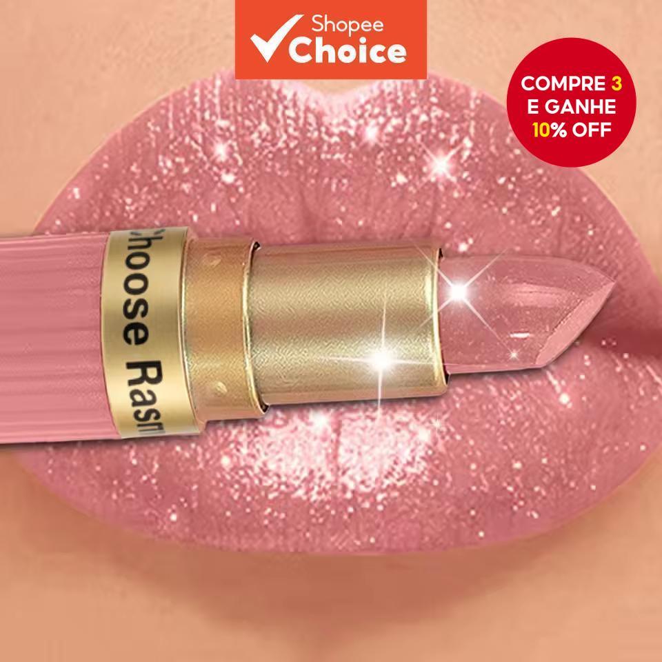  Batom de Veludo Rosa Pérola Glitter Metálico à Prova d'Água Brilho Diamante de Longa Duração