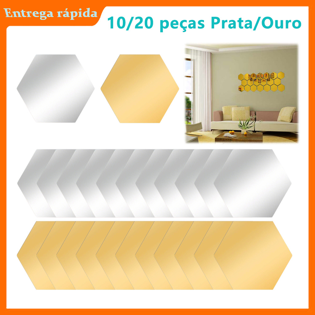 10/20/30 Peças Folhas de espelho hexagonal reflexivas, autoadesivos, adesivos de espelho sem vidro, Prata/Ouro
