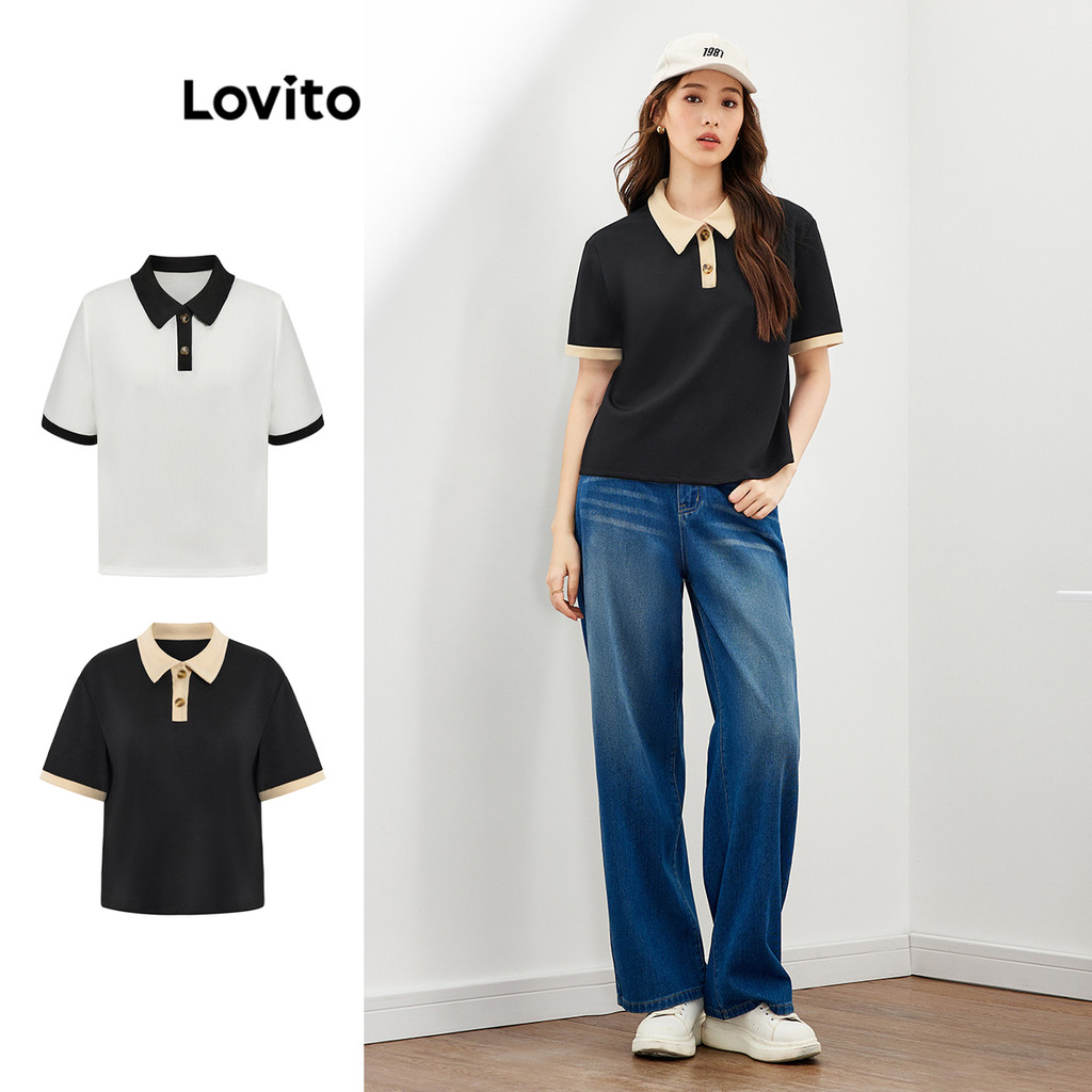 Lovito Camiseta Casual Lisa Colorblock Botão Manga Curta Para Mulheres L47ED014 (Preto) em Oferta na Shopee
