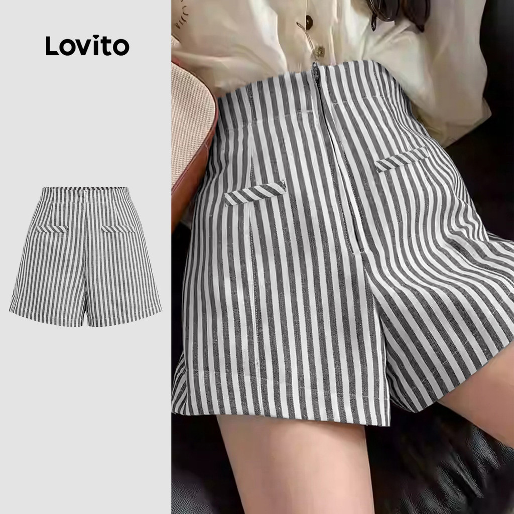 Lovito Shorts Casuais De Verão/Primavera Listrados Com Bolso Falso E Zíper Para Mulheres L125AD319 em Oferta na Shopee