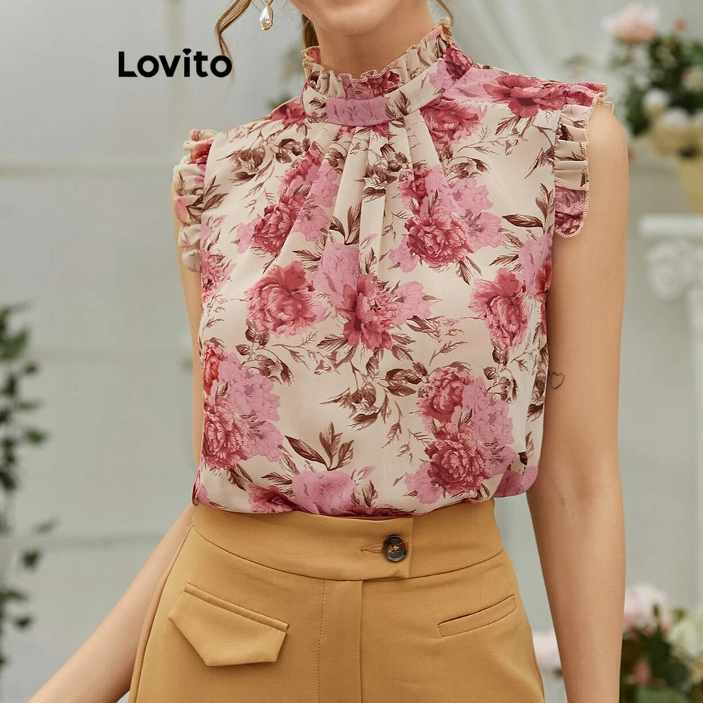 Lovito Regata Elegante Com Babados Florais E Regata Transparente Para Mulheres LBL17529 em Oferta na Shopee