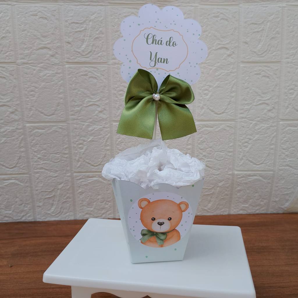 PEGUE E MONTE Centro de Mesa Personalizado Cachepot URSINHO VERDE CHA REVELAÇÃO CHA DE BEBEFESTA
