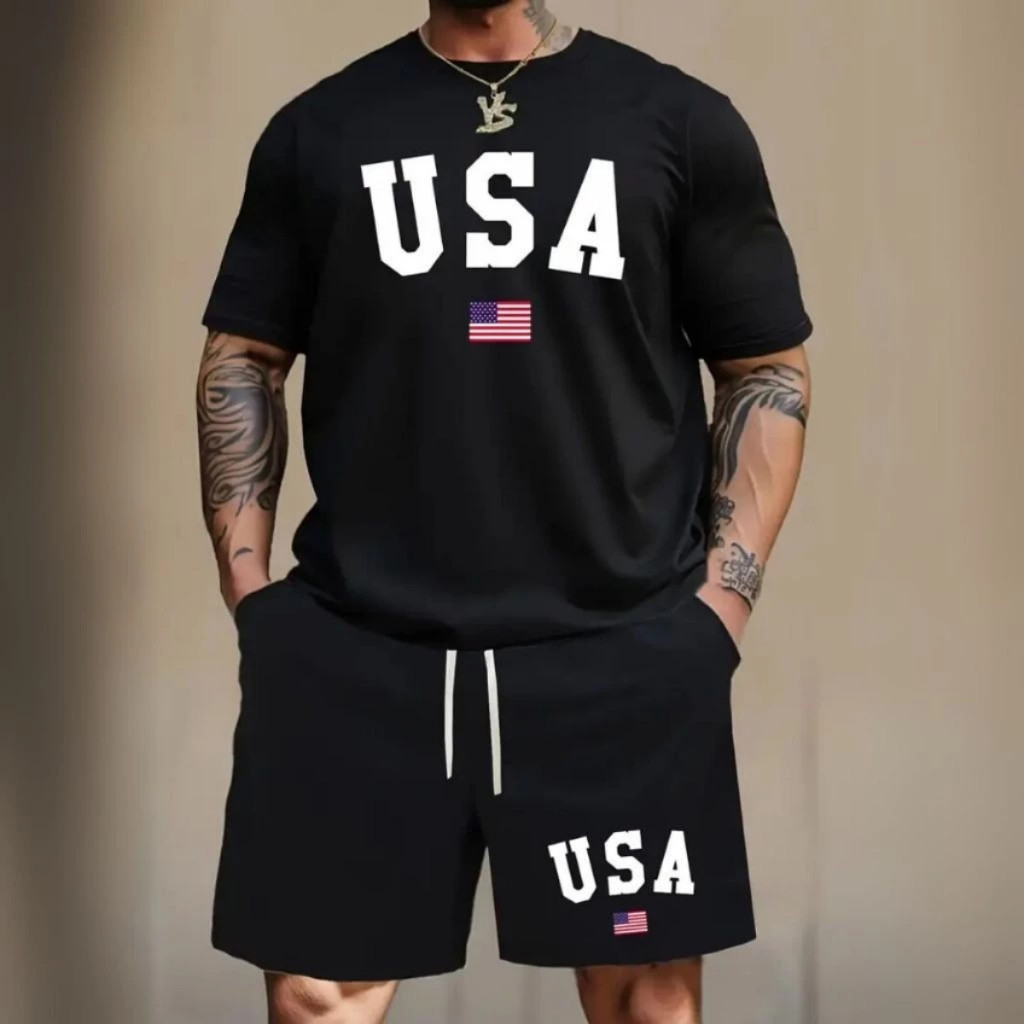 Kit Camiseta Masculina 100% Algodão e Short Tactel  USA Confortavel Tendencia Moderno Estiloso