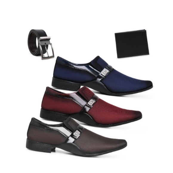 Kit 3 Pares Sapato Social Masculino  no verniz preto, vermelho e azul Confortável  brinde carteira e cinto