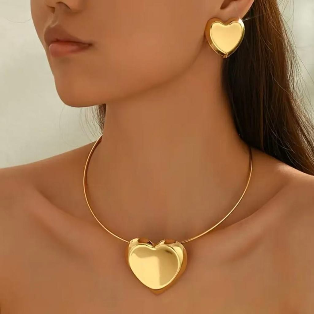 Colar Choker e Brinco Elo Aro Pingente Coração Liso Folheado Ouro 18k Dourado e Prata 925
