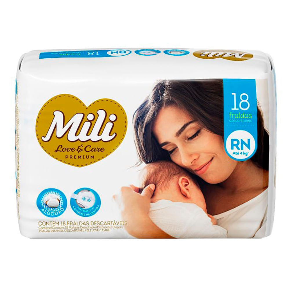 Fralda Mili Love e Care Premium Tamanho RN 18 Unidades Descartáveis em Oferta na Shopee