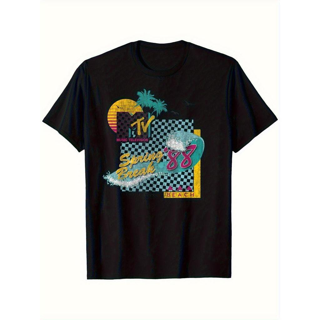 Camiseta gráfica retro de surf MTV Spring Break '88 - Algod?o 180gsm, Design vibrante de palmeira e onda, Camiseta casua