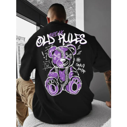 Camiseta Oversized Moda Gringa Urso Old Rules Camisa Confortável Ombro Caído . casual, academia. casual, academia.