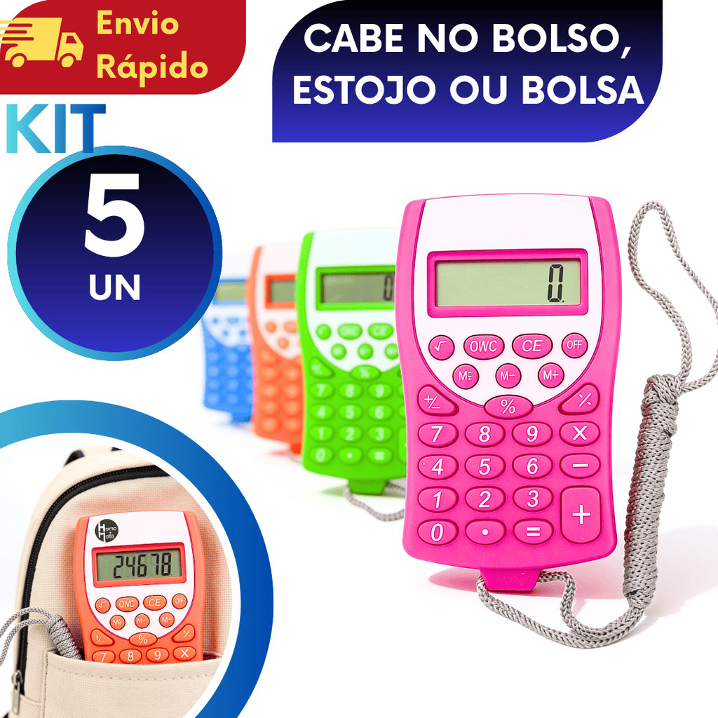 KIT (1/2/3/4/5) Calculadora De Bolso Com Cordão A Bateria Para Lojas Estudante Escritório Escola Comércio Vendas Mercado