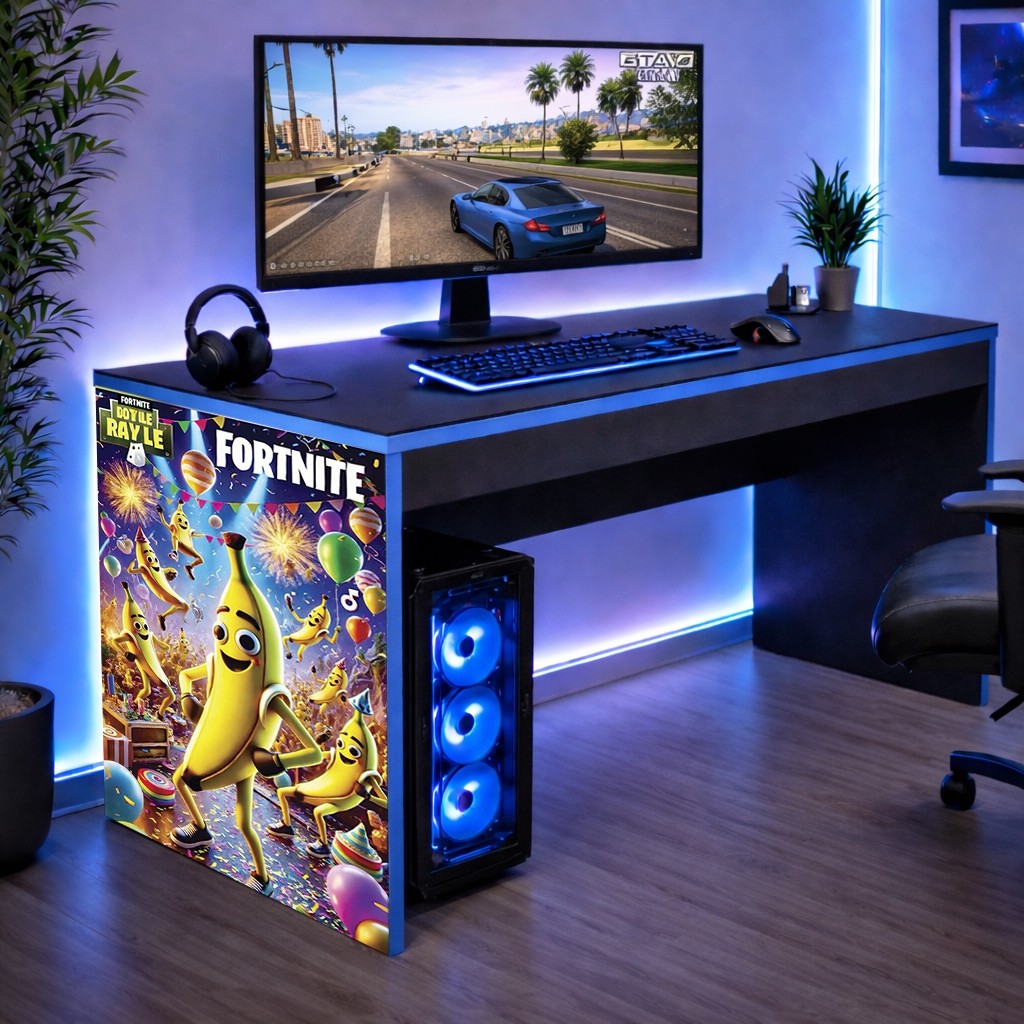 Escrivaninha Mesa Gamer Fortnite Banana Borda Azul  Infantil 90 CM Oferta Achadinho