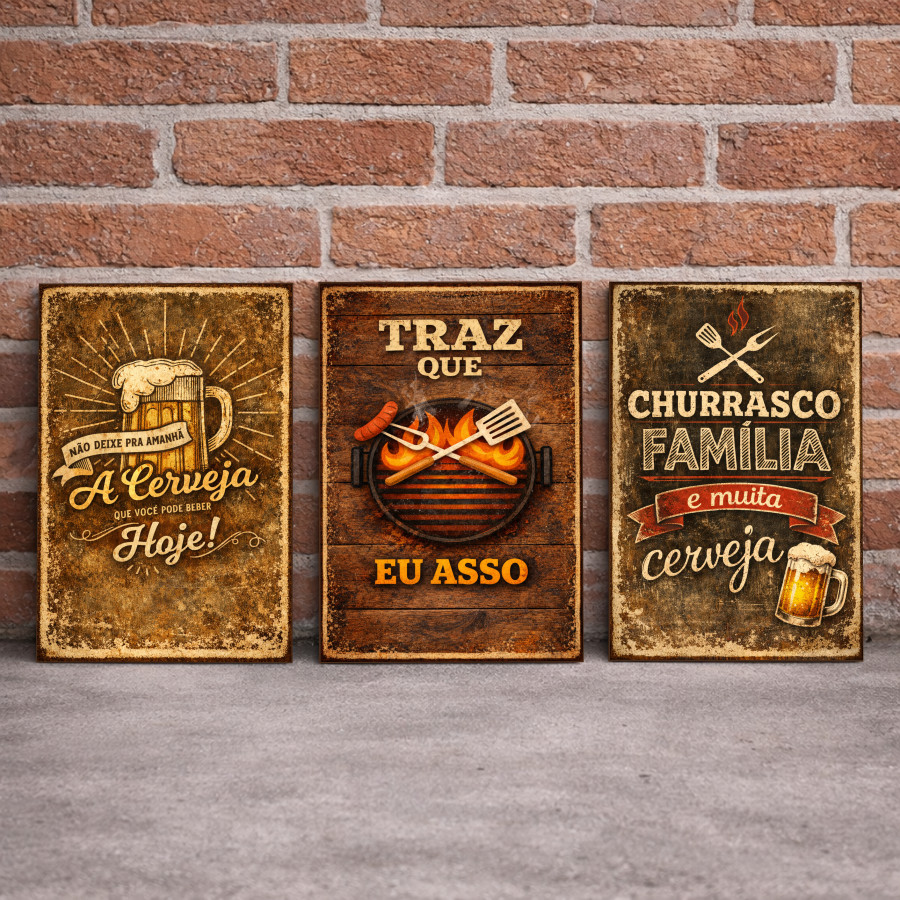 Detalhes do Kit 15 Placas Decorativas Vintage Bar Churrasco Cerveja