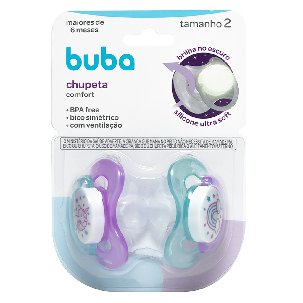 Kit 2 Chupeta Comfort Buba Tamanho 2 Noturna Unicórnio em Oferta na Shopee