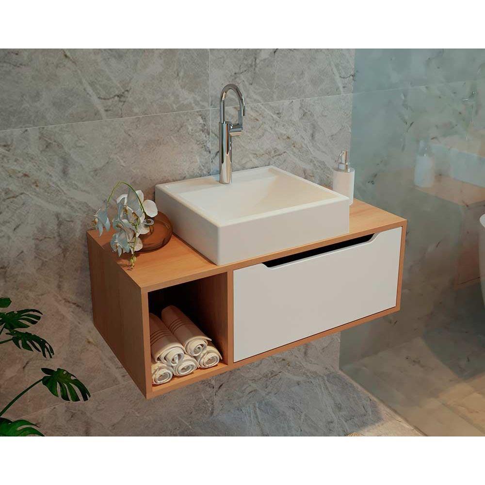 Gabinete de Banheiro Suspenso BN3644 s/ Cuba 1 Porta 80cm cor Amêndoa/Branco - Tecno Mobili em Oferta na Shopee