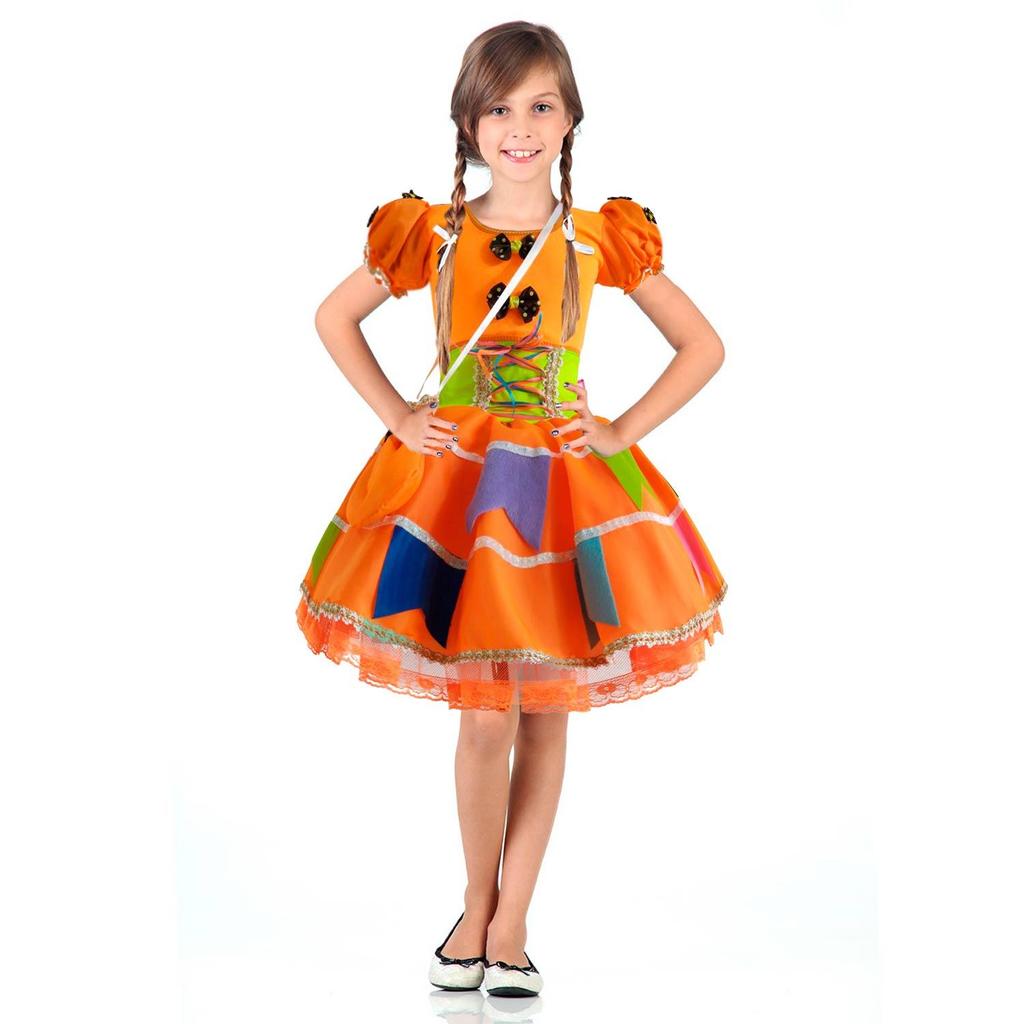 Vestido Infantil de Festa Junina Luxo Super Rodado Laranja com Bandeirinhas Corselet e Saiote Embutido
