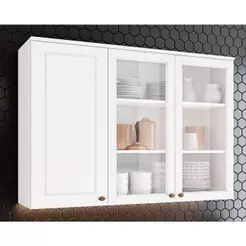 Armário Aéreo p/ Cozinha Americana c/3 Portas e c/2 Vidro 120cm Branco - Henn