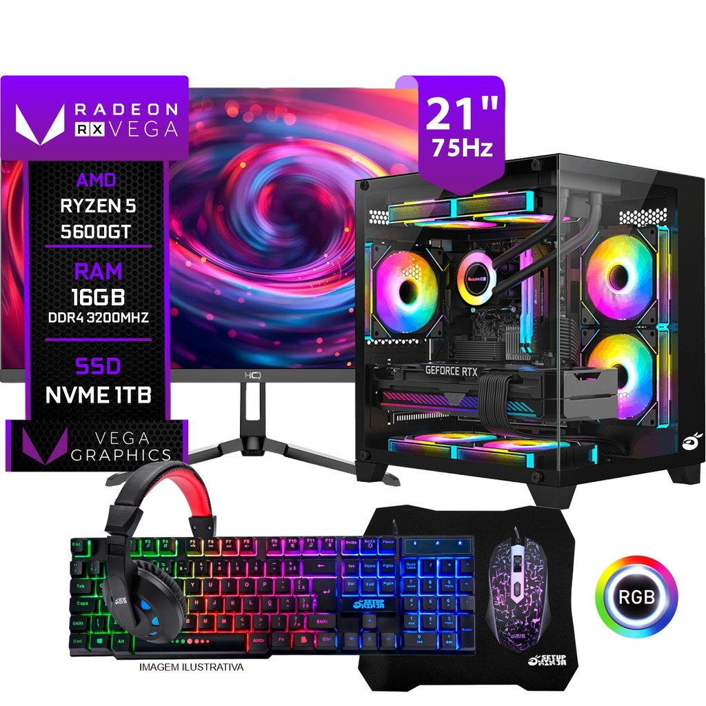 PC Gamer Completo Trigger I, AMD Ryzen 5 5600GT 16GB RAM SSD M.2 1TB Monitor 21" 75Hz, Periféricos