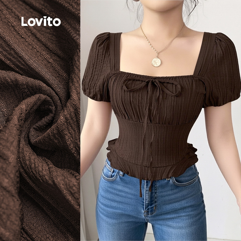 Lovito Blusa Elegante com Borda de Alface e Amarração para Primavera/verão Na Cor marrom L164LD289