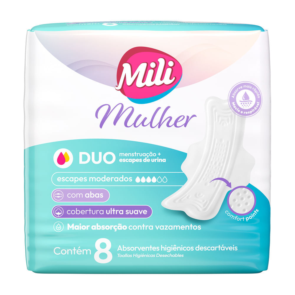Absorvente Mili Mulher Duo Menstruação e Escapes de Urina Cobertura Ultra Suave com Abas 8 Unidades em Oferta na Shopee