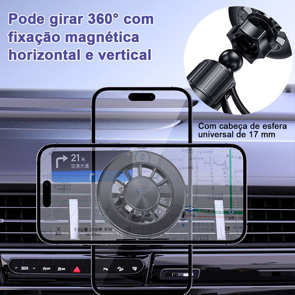 Suporte Magnético para Celular no Carro, Instalação Rápida, 360° Rotação, Forte Adsorção, Universal