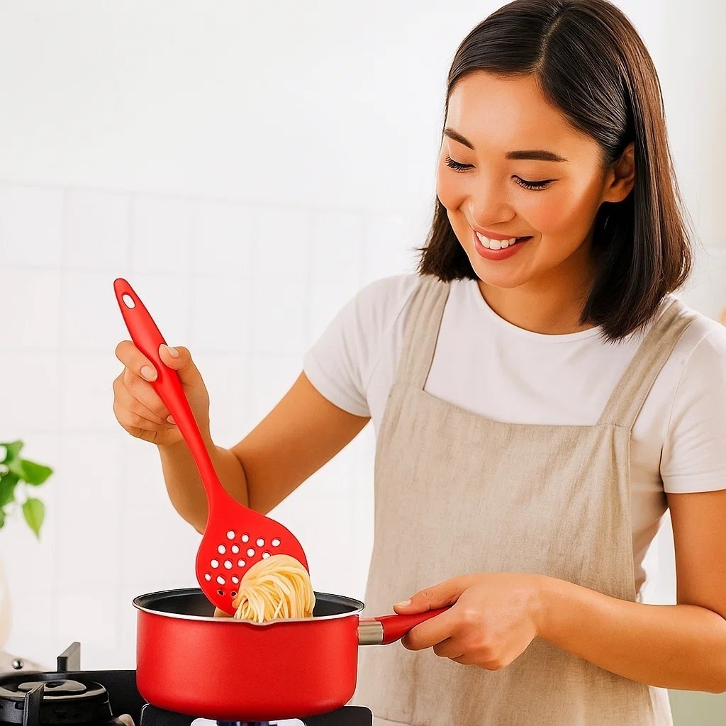 Escumadeira de Silicone Vermelha para Fritura e Batatas com Cabo Reforçado achadinho