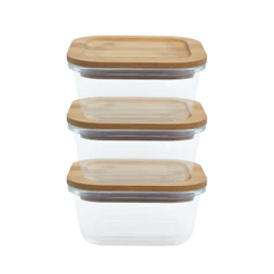Kit 3 Potes de Vidro Quadrado 520ml C/ Tampa de Bambu - Oikos