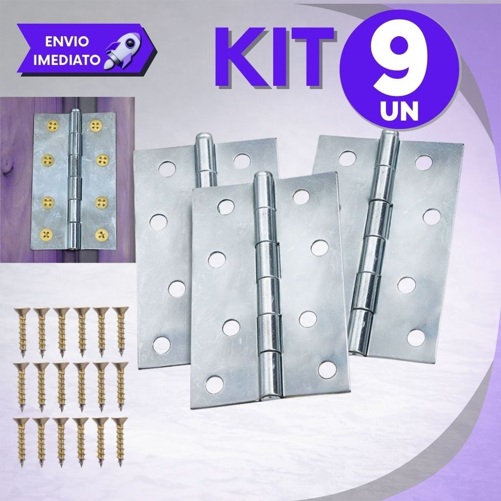 Kit 3/6/9 e 12 Un Dobradiça 4” 9cm Aço Reforçado Portas Madeira C/ Parafusos Alta Resistência