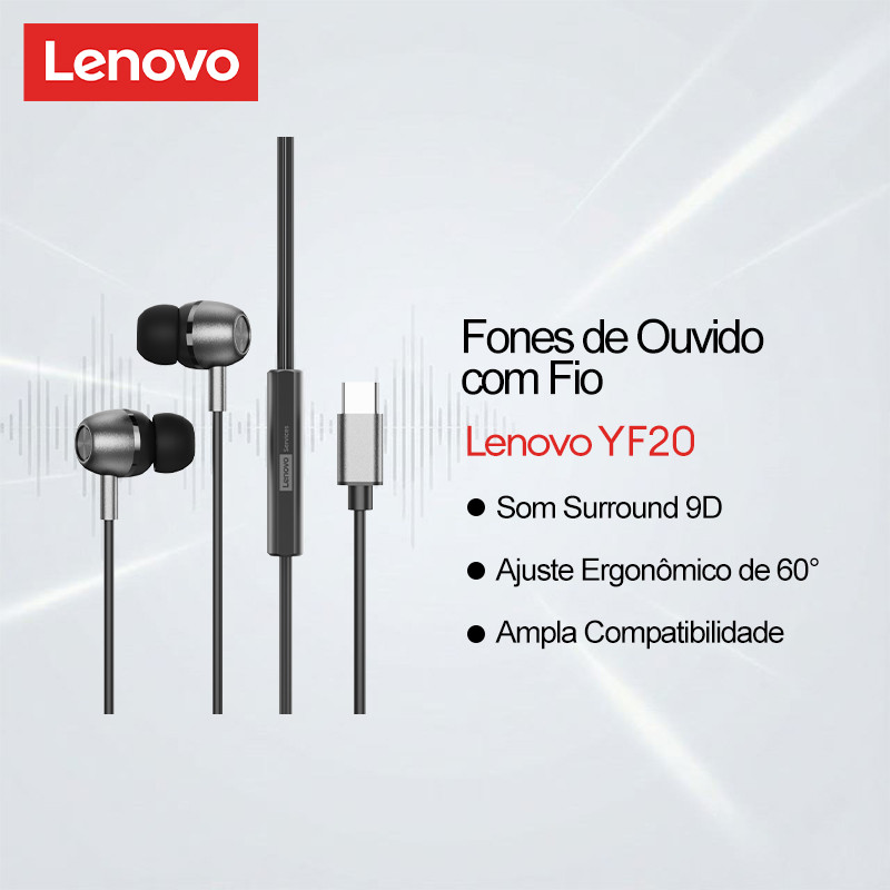 Fones De Ouvido Com Fio Lenovo YF20 Intra-Auriculares Ajuste Confortável De 60 G
