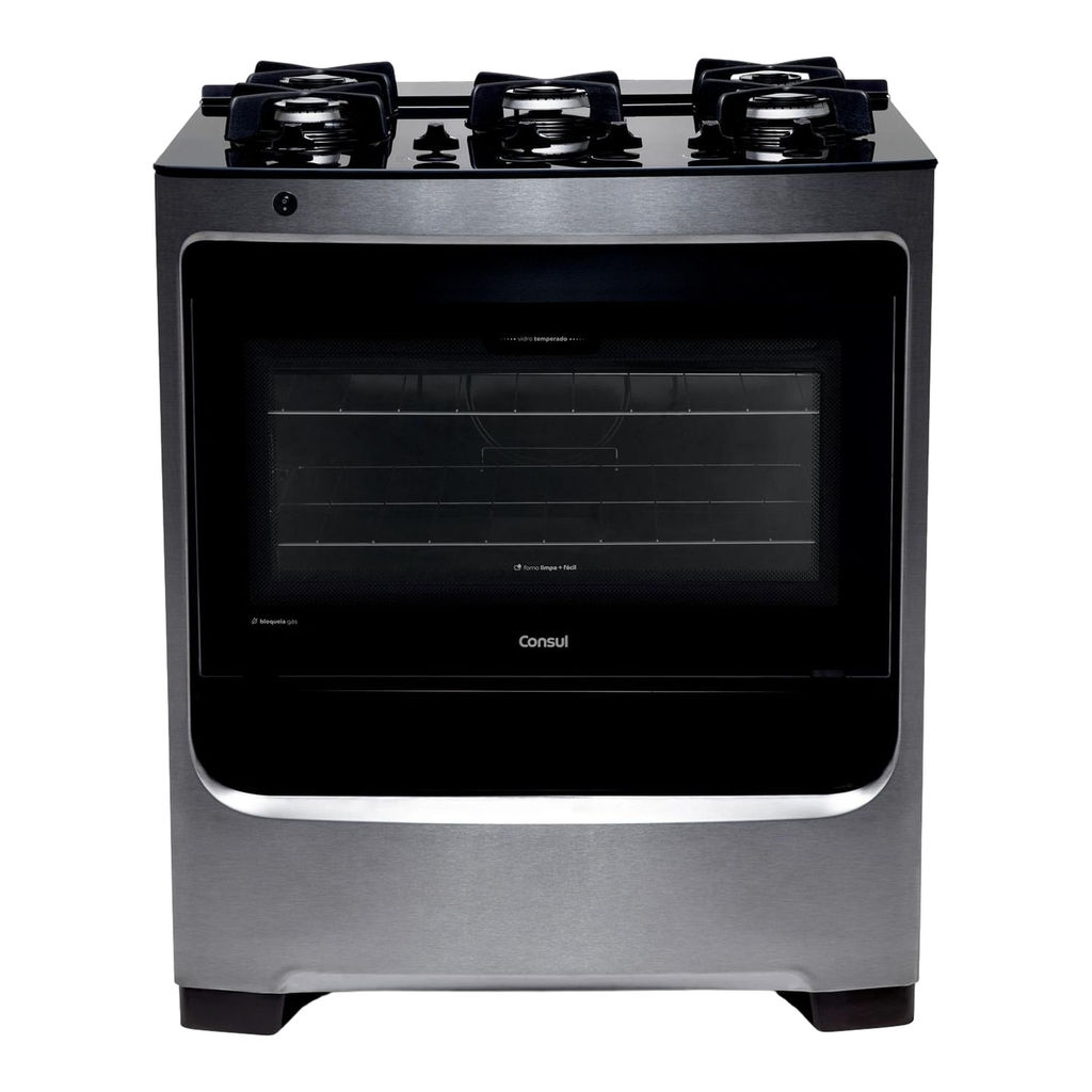 Fogão Consul 5 Bocas Cor Inox com Mesa de Vidro e Grade de Ferro Fundido - CFS5VAR em Oferta na Shopee