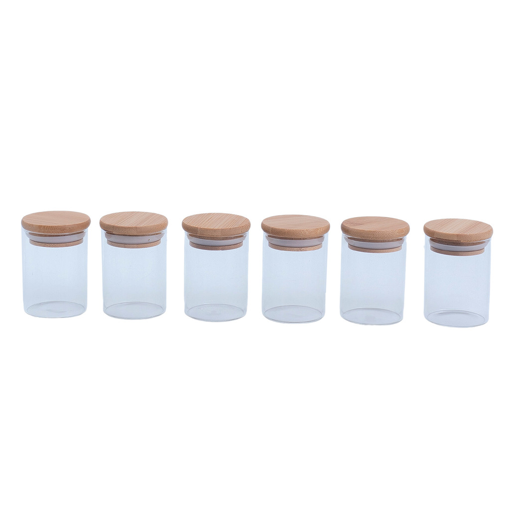 Kit 6 potes de vidro herméticos com tampa de bambu 110ml - Oikos