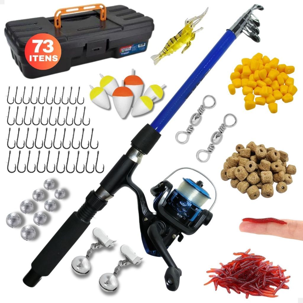 Kit Pesca Completo Barato Vara Fibra Vidro E Molinete Ultra Light Com Linha Maleta Com 73 Acessórios