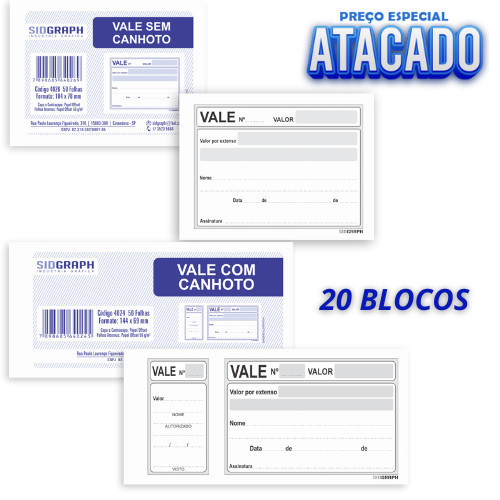 20 Bloco Vale Com ou Sem Canhoto KG Utilidades