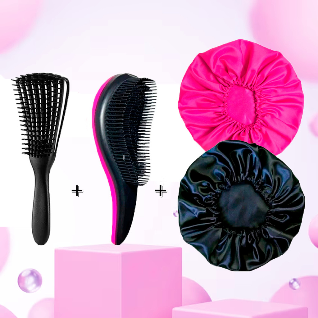 Touca de Cetim Anti Frizz Kit 2 Toucas + Escova Magica + Escova Polvo