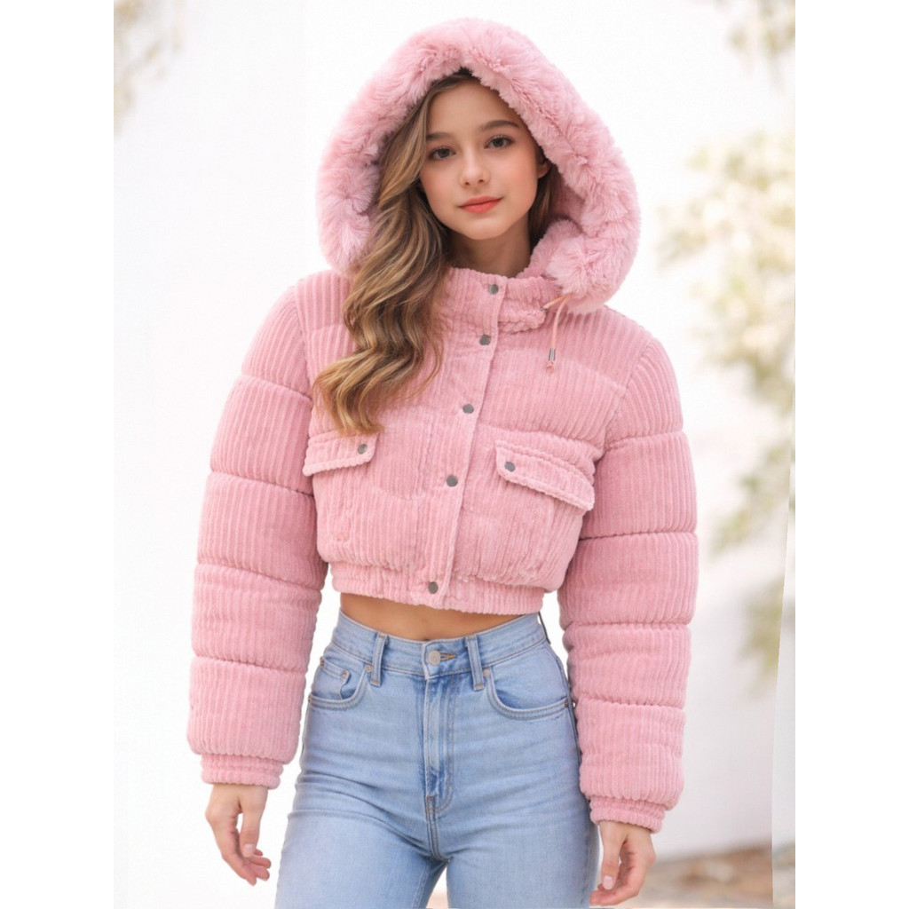 Jaqueta Cropped Infantil Feminina Inverno com Capuz Removível Peluciado Casaco Cotelê Moda Infantil Confortável Quente