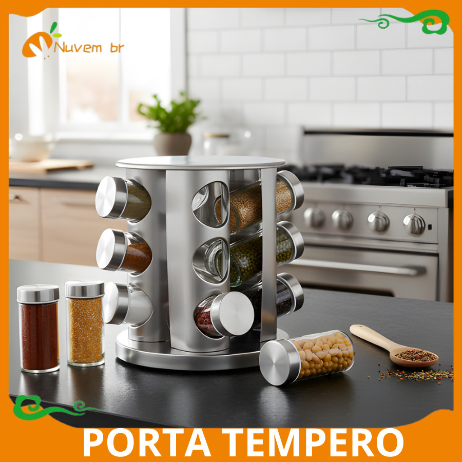 Porta Tempero Condimento Inox 12 Potes Suporte Giratório - NUVEM
