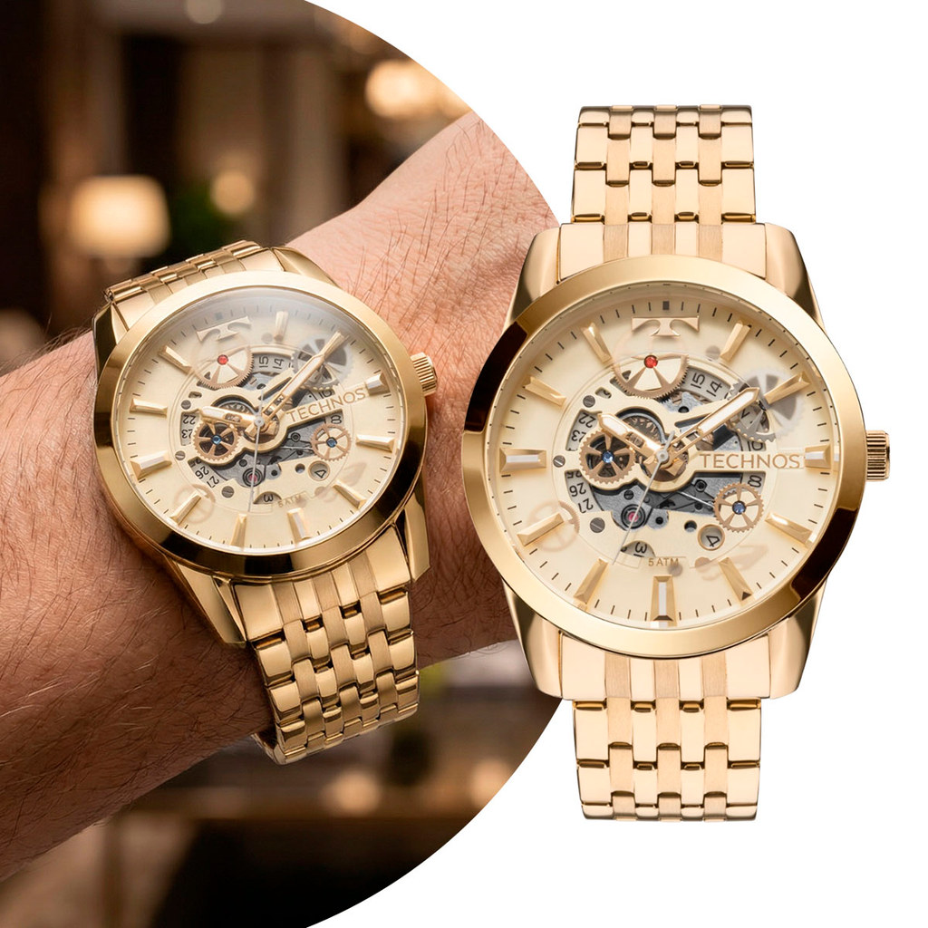 Relógio Masculino Automático de Pulso Dourado com Caixa e Pulseira de Aço Inoxidável à Prova D Água Esqueleto Technos