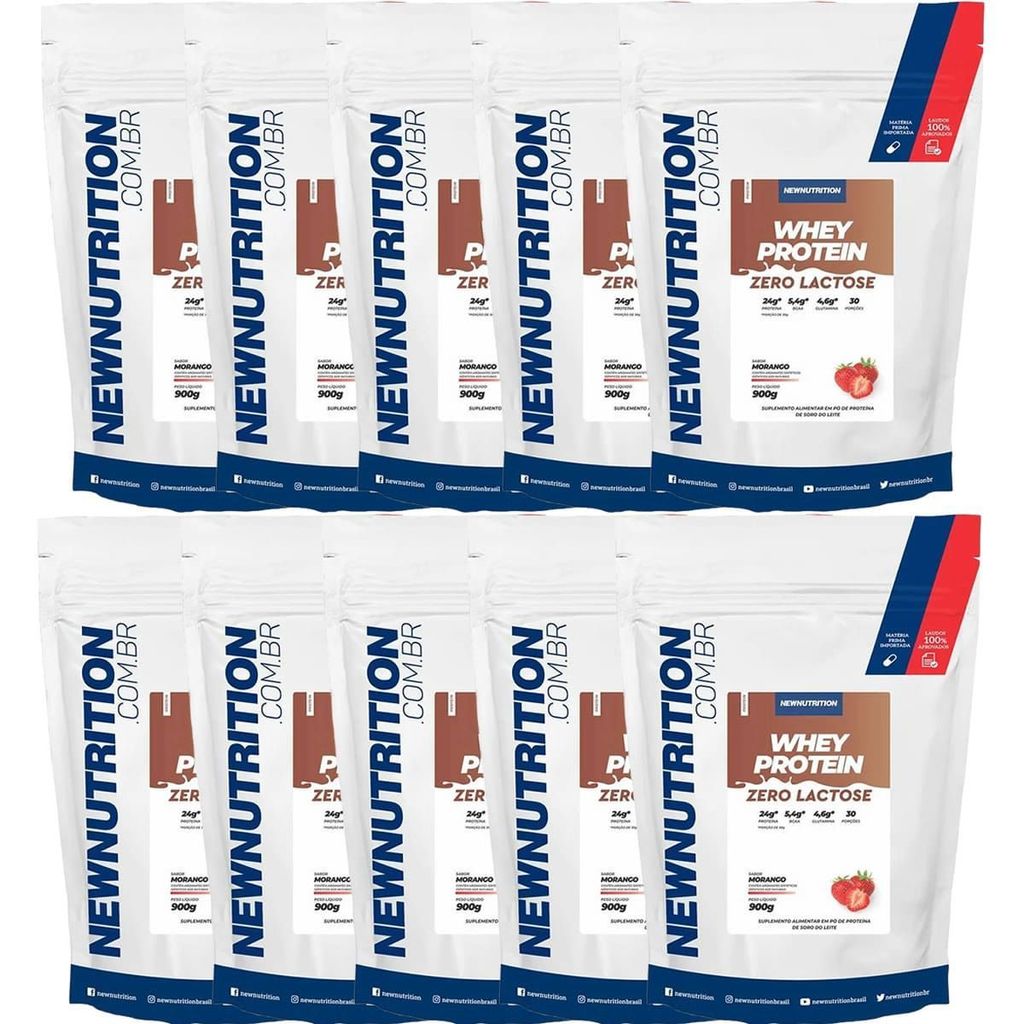 Kit 10X Whey Protein Zero Lactose - 900g Refil Morango - NewNutrition