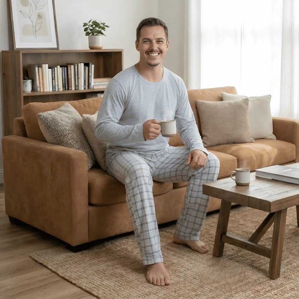 Pijama Longo Masculino Inverno Camisa Lisa Manga Longa Calça Xadrez Comprida Forma Grande