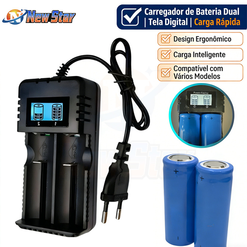 New Star Carregador + 2 Baterias Recarregável 26650 Para Lanterna Led