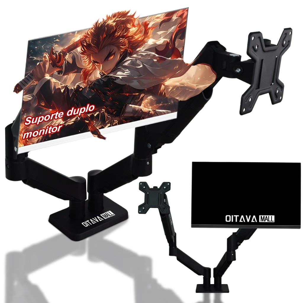 Suporte Duplo de Monitor Braço Articulado 10KG Max Rotação de 180° Altura até 400MM Com Braçadeira