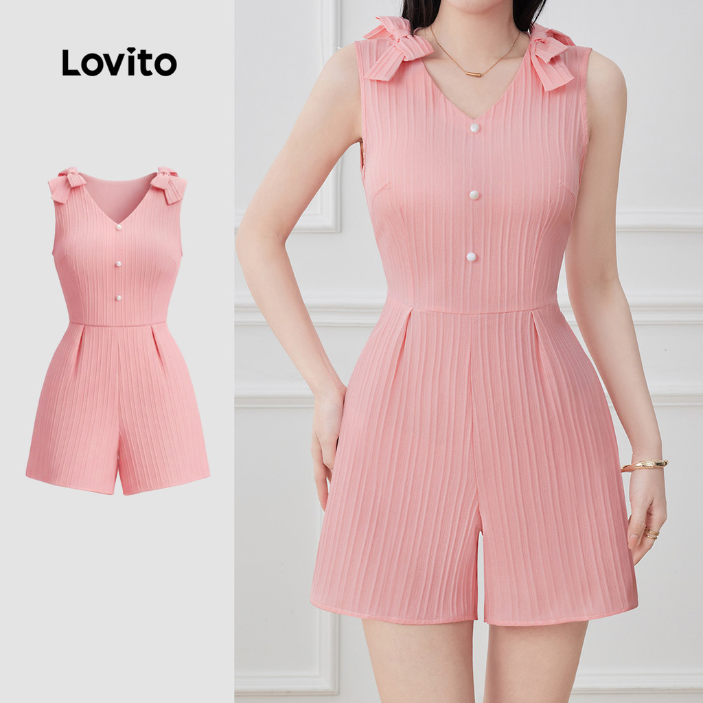 Lovito Macacão Elegante com Laço e Zíper para Primavera/verão Macacão Rosa para Mulheres. L178LD107