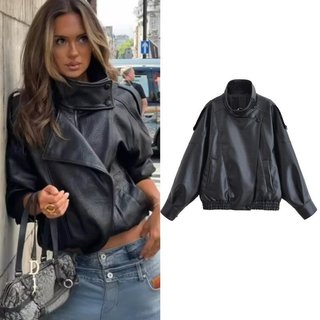 Jaqueta feminina outono 2025, nova, preta, de couro sintético texturizado, estilo motociclista de manga longa, elegante