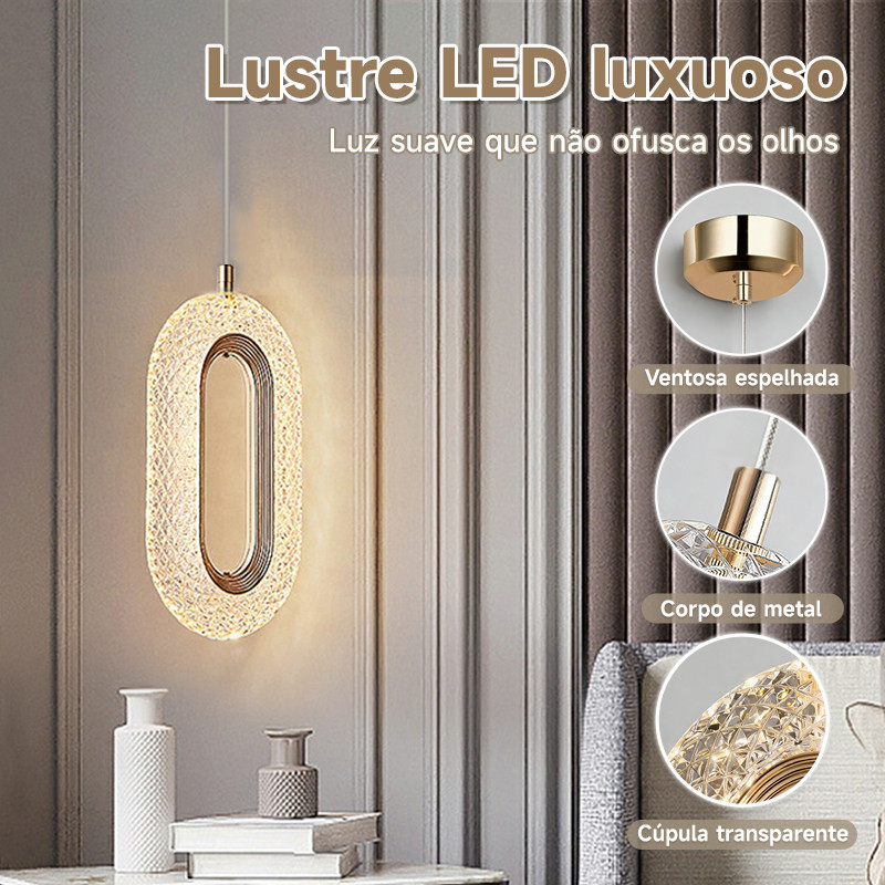 Pendente Oval de Cristal LED Bivolt Corpo Metálico Dourado Para Quarto Bivolt 110V-220V Ambiente Luxuoso