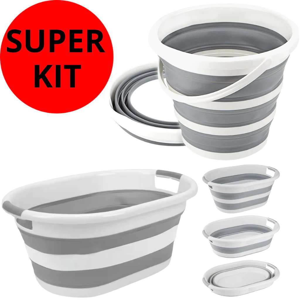 Kit Com Balde Retrátil 10 Litros E Cesto Dobrável 26 Litros Silicone Resistente Com Alça Powermaid — imagem 1