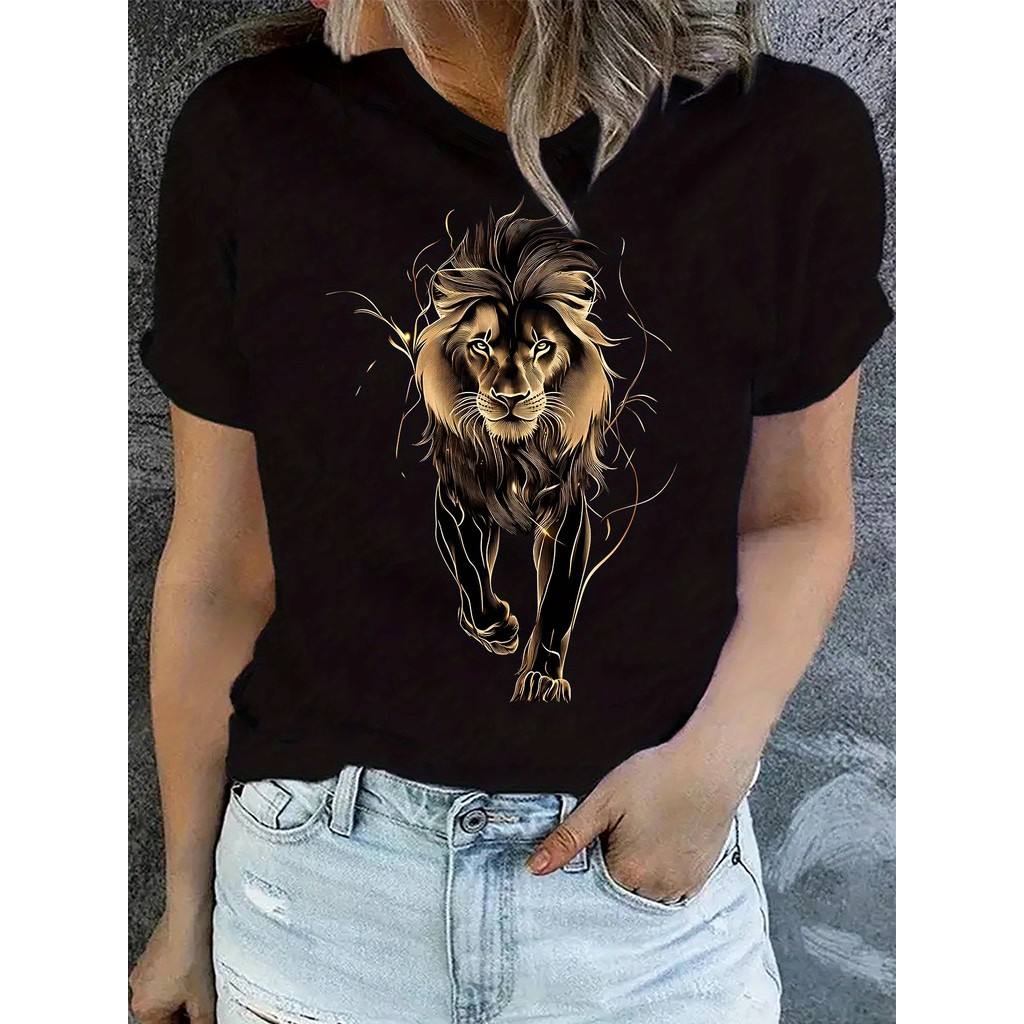 Camiseta Feminina de Gola Redonda com Estampa, Camiseta Casual de Manga Curta para Primavera & Verão, Roupas Femininas em Oferta na Shopee